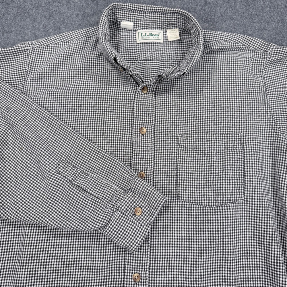 LL Bean Mens Large Regular Black White Houndstooth Cotton Button Down Shirt USA